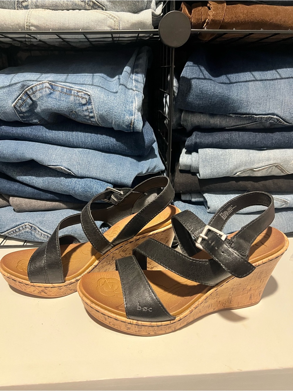 boc Black Leather Cork Wedge Sandals